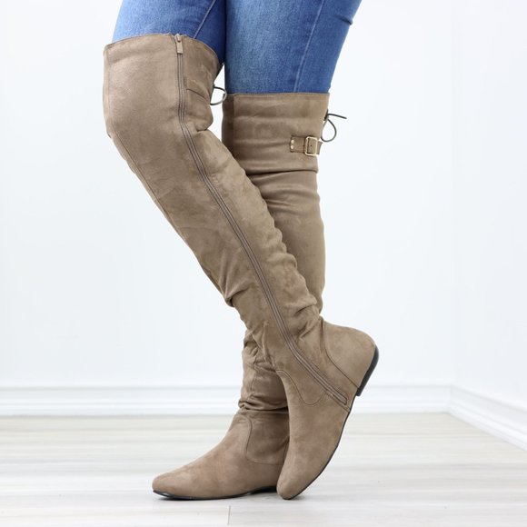 Taupe Thigh High Over The Knee Flat Boots Faux Suede Laced Back - Picture 10 of 15